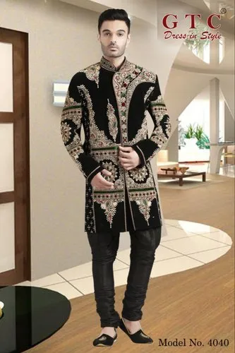 Black Sherwani Designs for a Dazzling Ethnic Look Black Sherwani Designs,Black Sherwani Designs for Ethnic Look,Black Sherwani,Black Sherwani For Groom,Black Velvet Sherwani Design,Designer Black Sherwani,Black and Red Sherwani