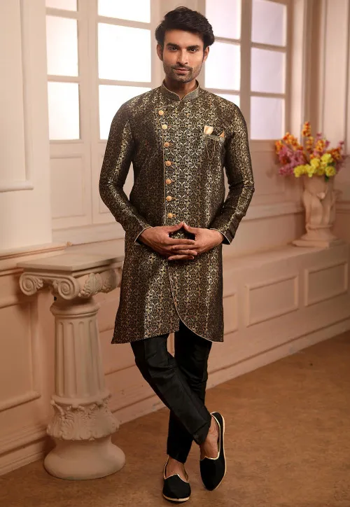 Black Sherwani Designs for a Dazzling Ethnic Look Black Sherwani Designs,Black Sherwani Designs for Ethnic Look,Black Sherwani,Black Sherwani For Groom,Black Velvet Sherwani Design,Designer Black Sherwani,Black and Red Sherwani