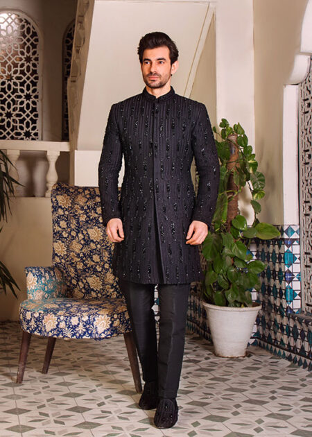 Black Sherwani Designs for a Dazzling Ethnic Look Black Sherwani Designs,Black Sherwani Designs for Ethnic Look,Black Sherwani,Black Sherwani For Groom,Black Velvet Sherwani Design,Designer Black Sherwani,Black and Red Sherwani