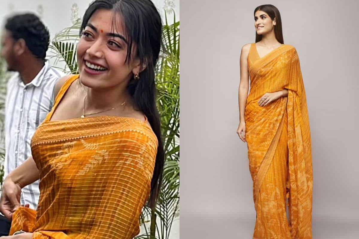 Rashmika attends wedding in Hyderabad Wearing Anita Dongre saree worth Rs... Anita Dongre saree,Rashmika Mandanna,Rashmika attends wedding in Hyderabad